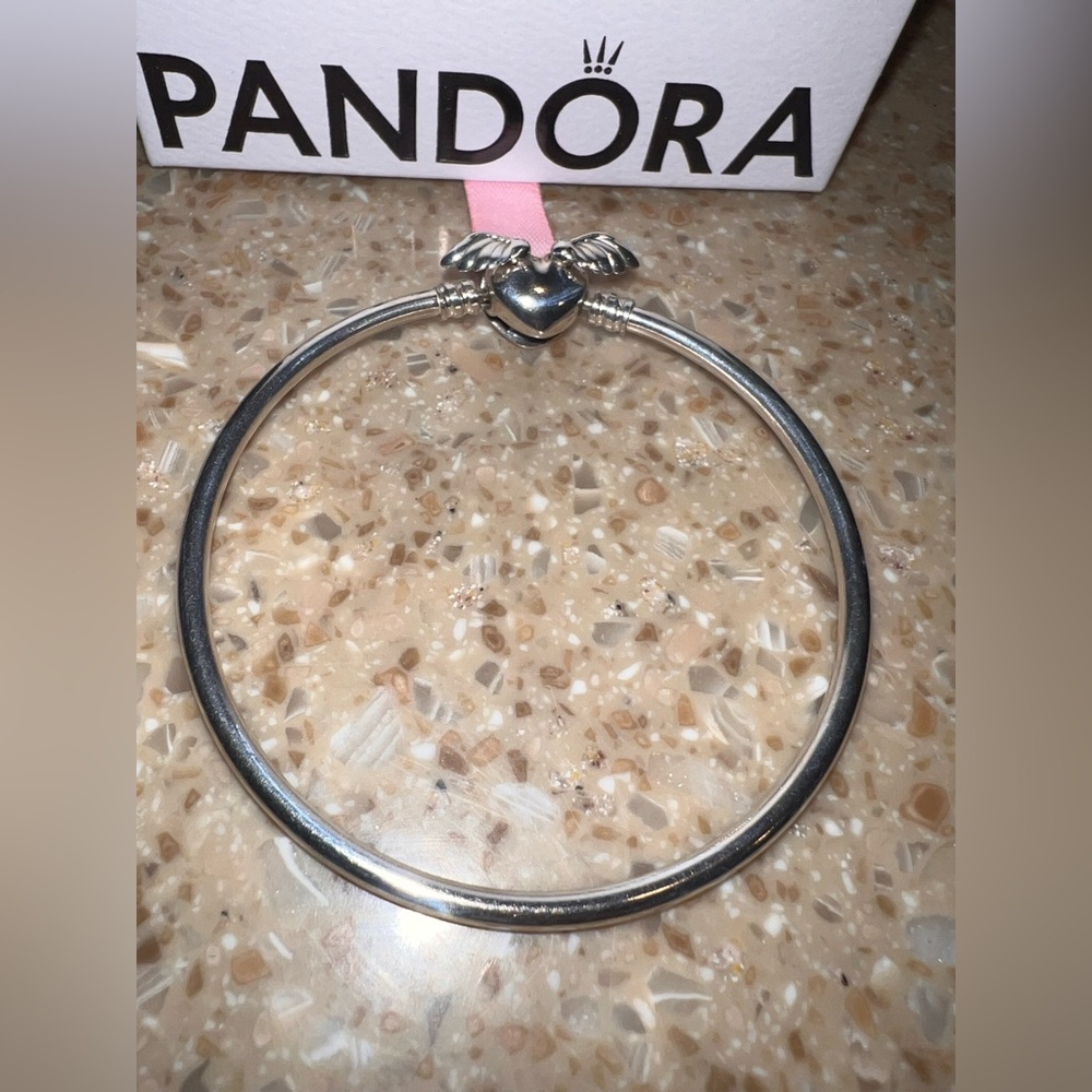 PANDORA Authentic SS 925 Silver Winged Heart Bangle Bracelet With Box And Pouch